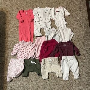 Baby Girl Newborn Clothing Bundle - Pink, White, Green, Burgundy 13 pieces